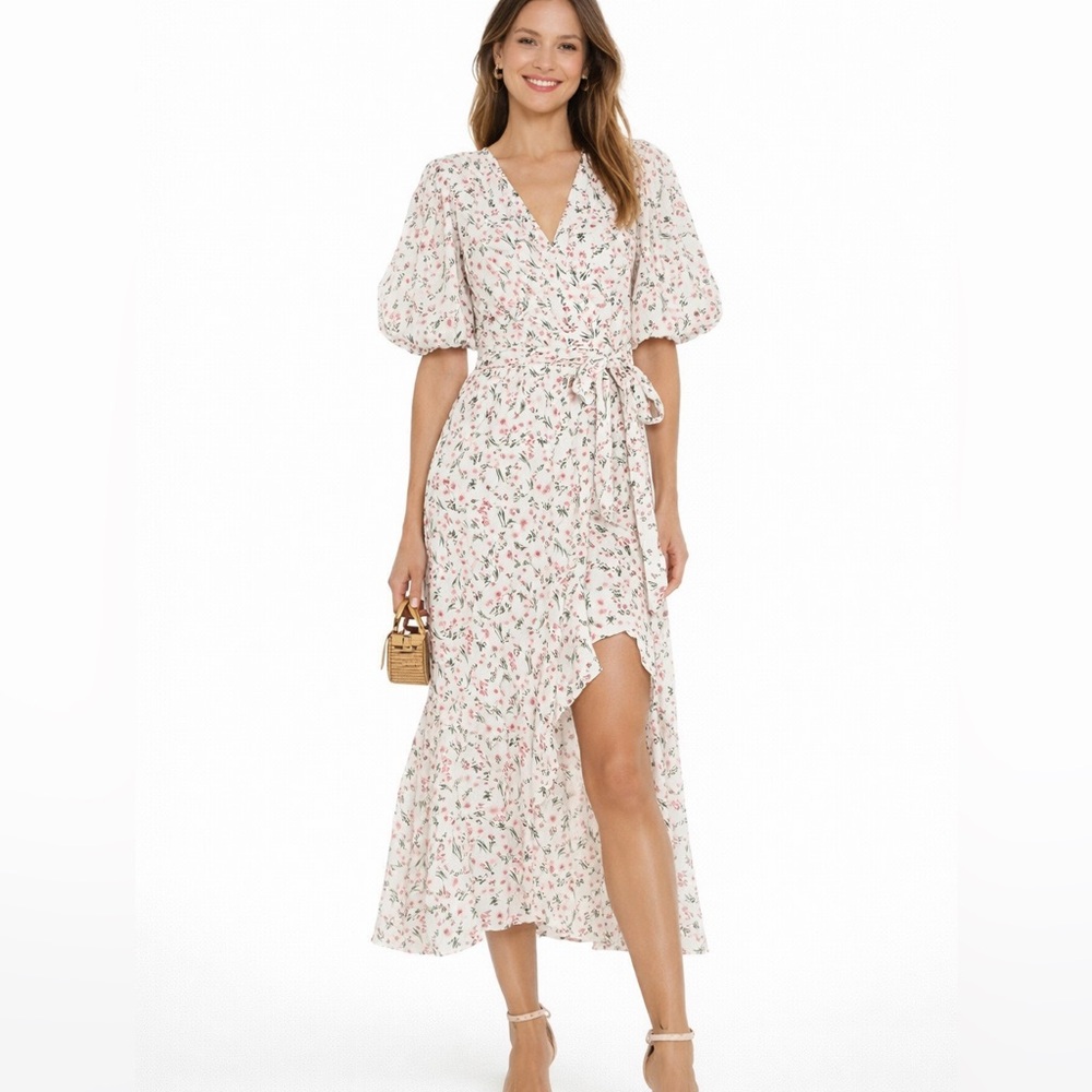NWT Minkpink Women's Pink Floral Dress Sz L Balloon Sleeves Tie Belt Cottagecore - Picture 4 of 14